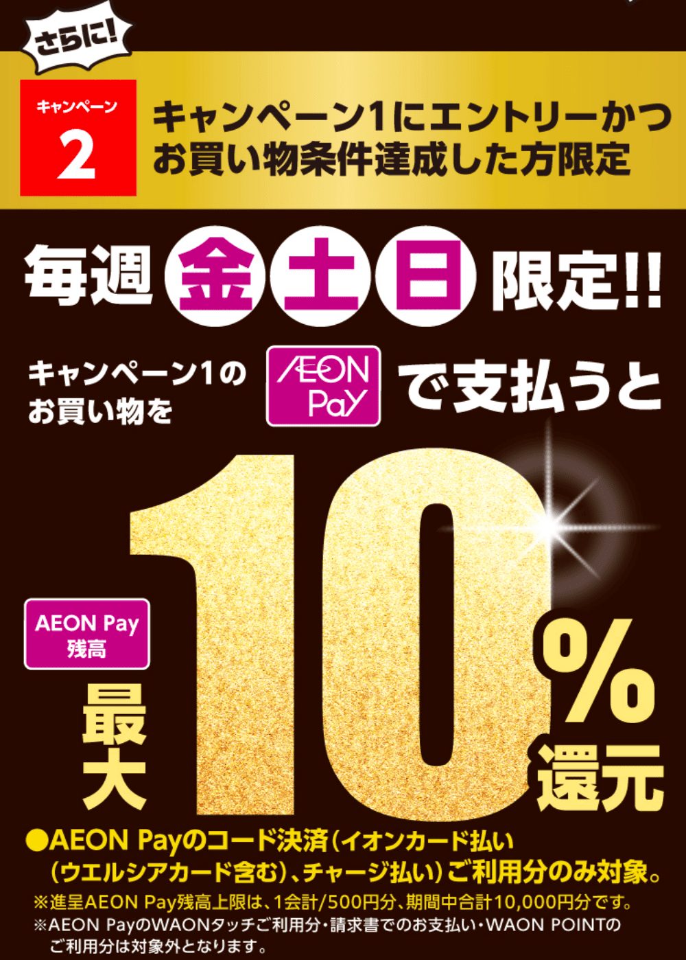 ウエルシア ブラックフライデー キャンペーン2 金土日AEON Pay残高最大10%還元