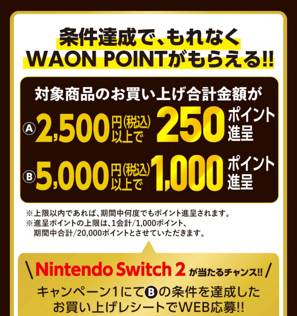 ウエルシア ブラックフライデー 2,500円以上で250ポイント、5,000円以上で1,000ポイントの条件表