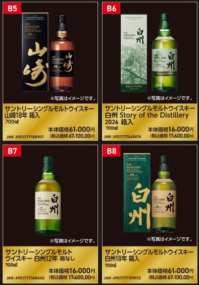 ウエルシア抽選販売のBグループ対象商品 山崎18年・白州18年・白州12年など