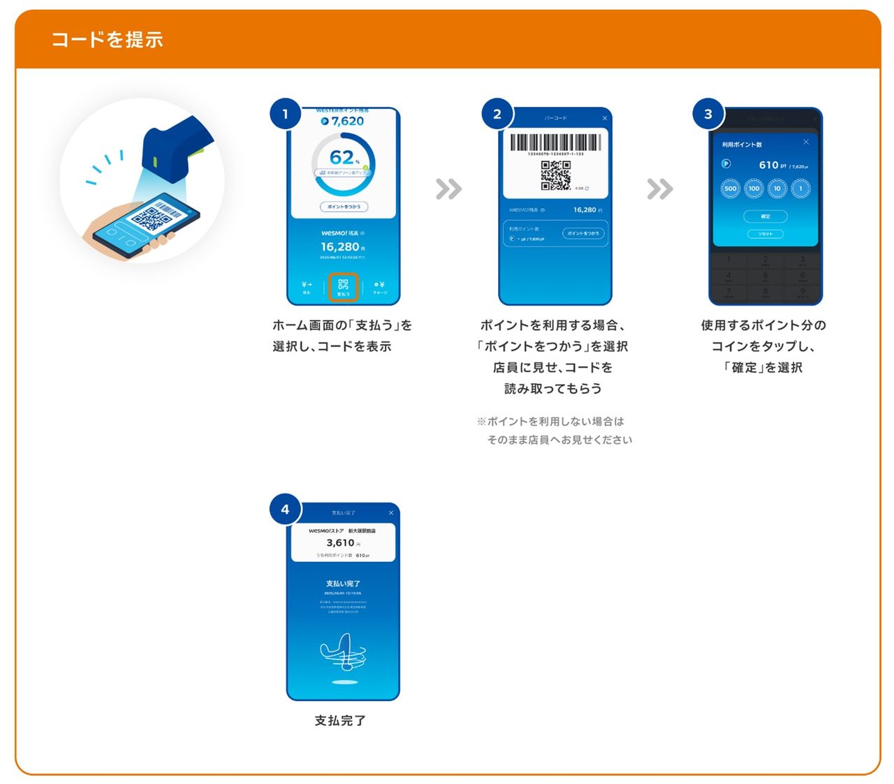 Wesmo!アプリでコード決済する手順 ホーム画面の支払うを選びバーコードを表示し、店員に読み取ってもらい、支払い完了