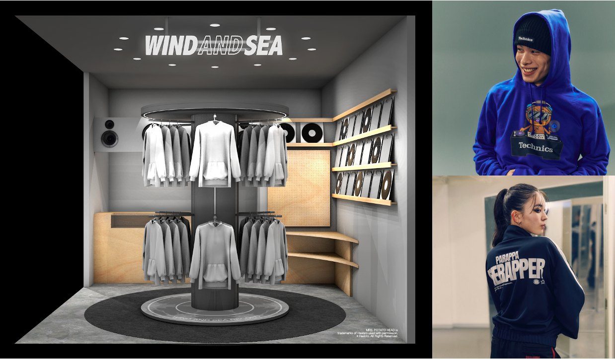 WIND AND SEA SHIBUYA PARCOの店内イメージと、パラッパラッパー×Technicsのルック2点