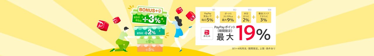 Yahoo!ショッピング BONUS+ PayPay支払い毎日5% ボーナスストアPlus最大9% 本日+2% 優良ストア+3% 最大19%