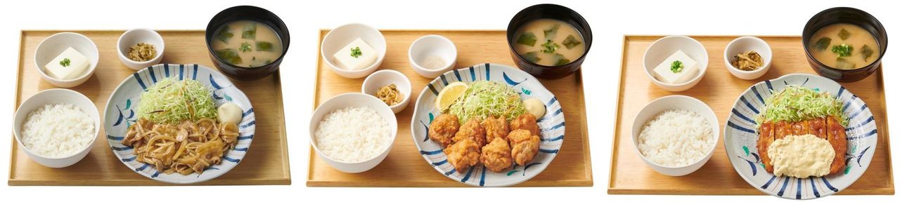 やよい軒の対象3品、しょうが焼定食・から揚げ定食・チキン南蛮定食の写真