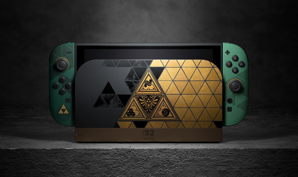 ドックに設置した40周年アニバーサリーエディション本体とグリーンのJoy-Con 2